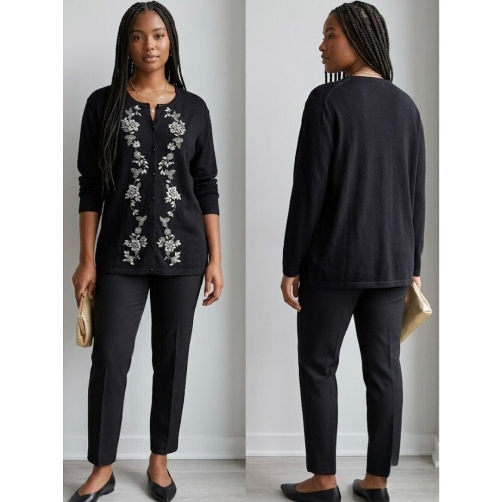 Dressbarn Black 3D Floral Sequins Beaded Cardigan Sweater Womens Plus Size 18